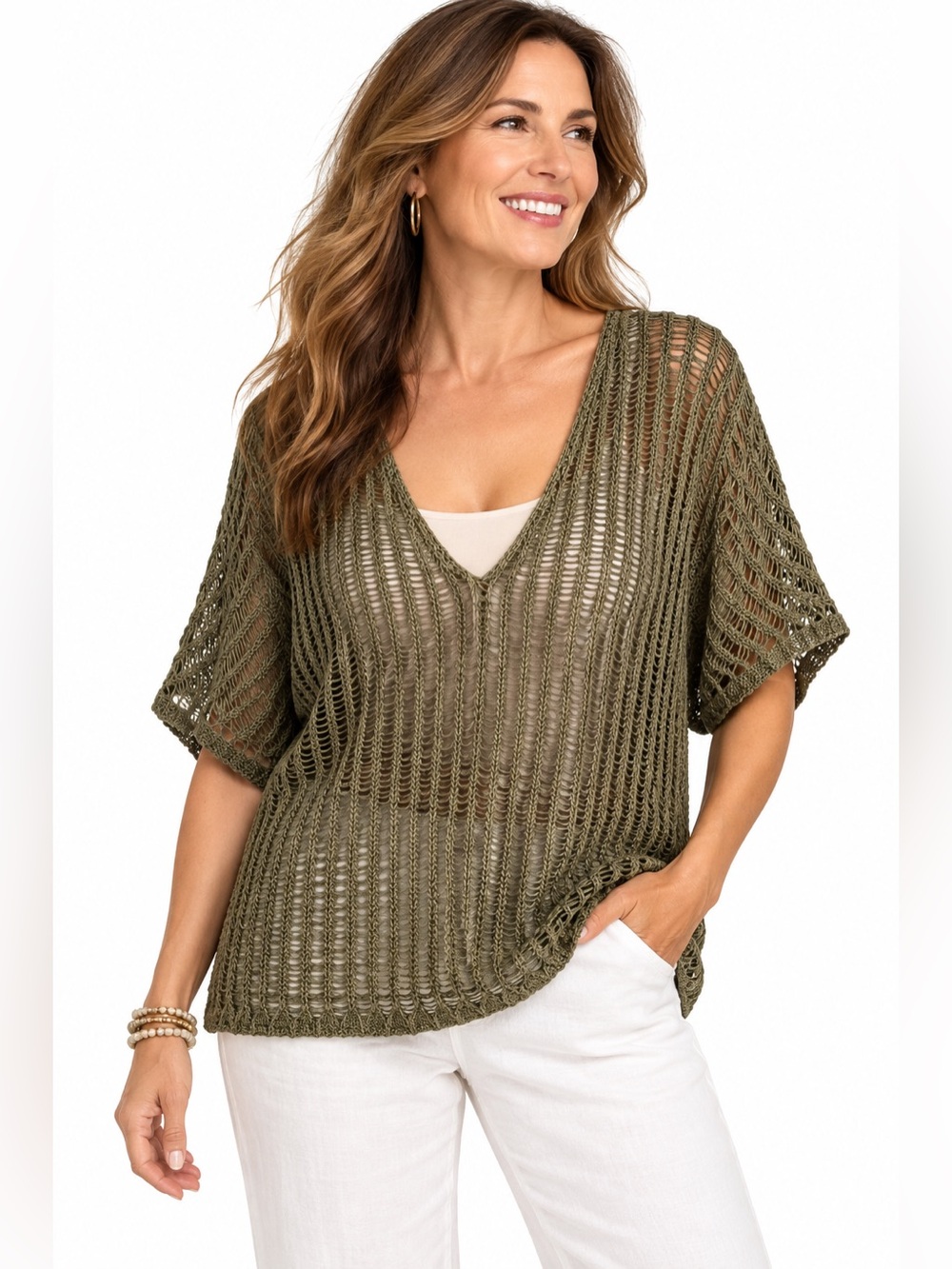 Chico’s Size 1 Medium Olive Open Knit V-Neck Sweater Lightweight Short Sleev Top